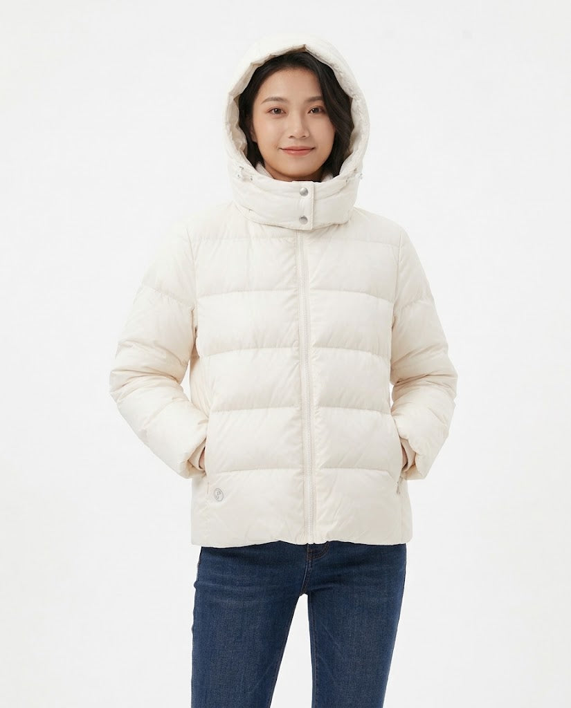 女裝【白鴨絨·防潑水保暖】可拆卸連帽短款羽絨外套｜輕量蓄熱蓬鬆羽絨服
