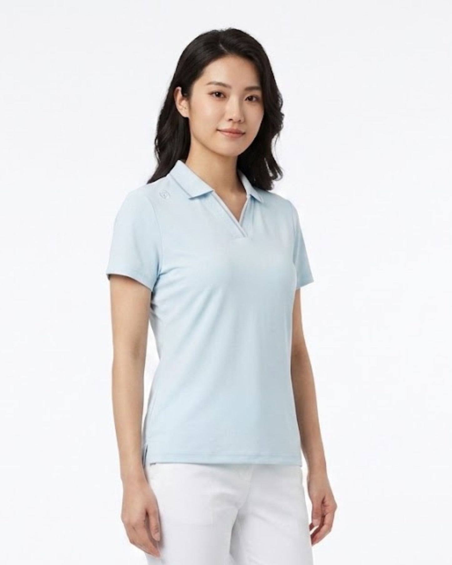 女裝 彈力修身翻領 V 領短袖 Polo 衫